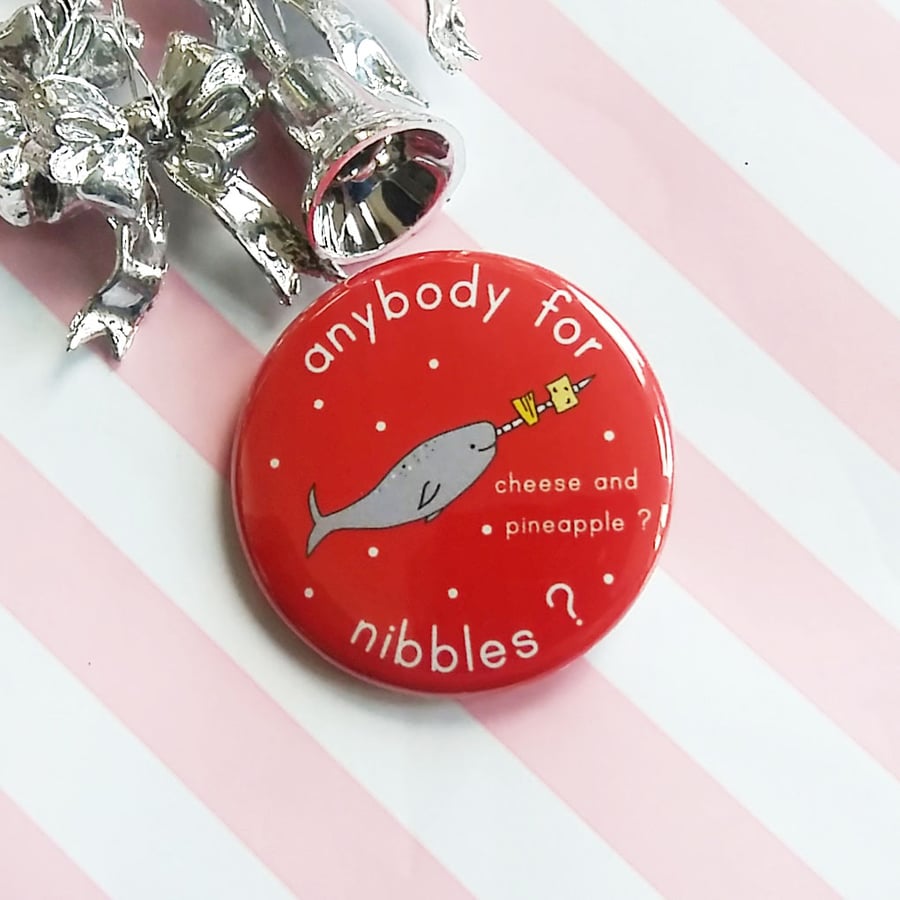 christmas badge - narwhal's nibbles - 38mm pin badge 