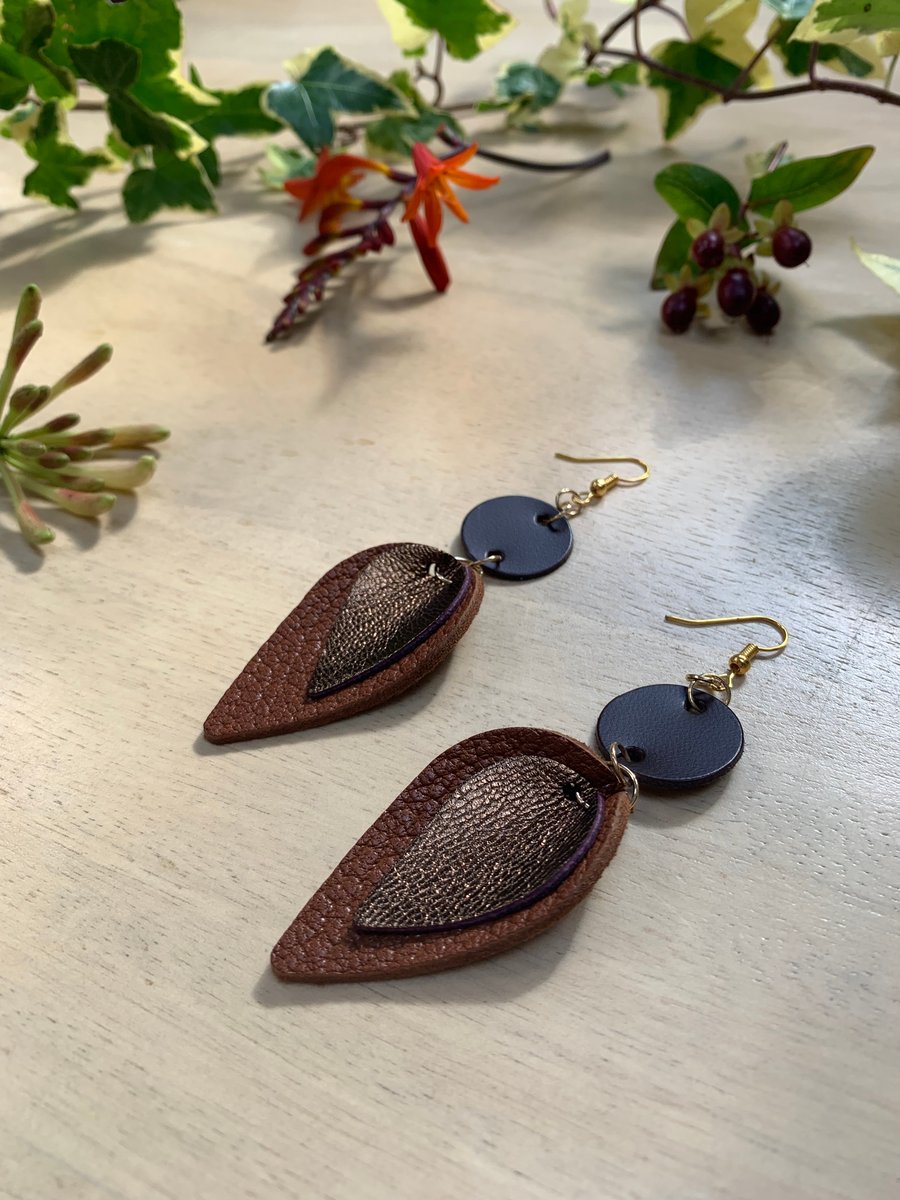 Leaf shape leather earrings in brown and gold free gift wrap