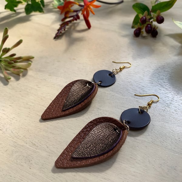 Leaf shape leather earrings in brown and gold free gift wrap