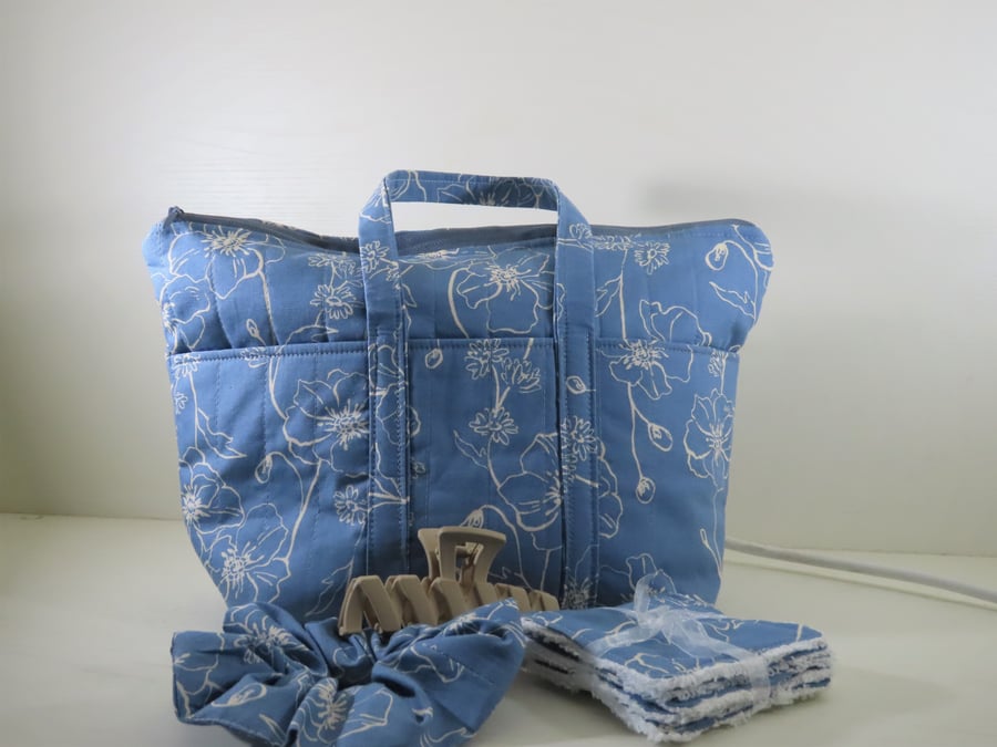Blue Floral Toiletry Bag With Accessories.