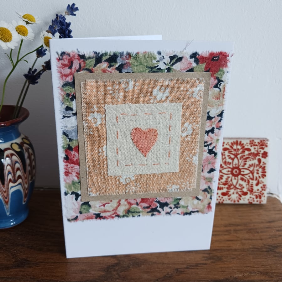Painted Heart with Vintage Fabrics hand stitched card - CLEARANCE
