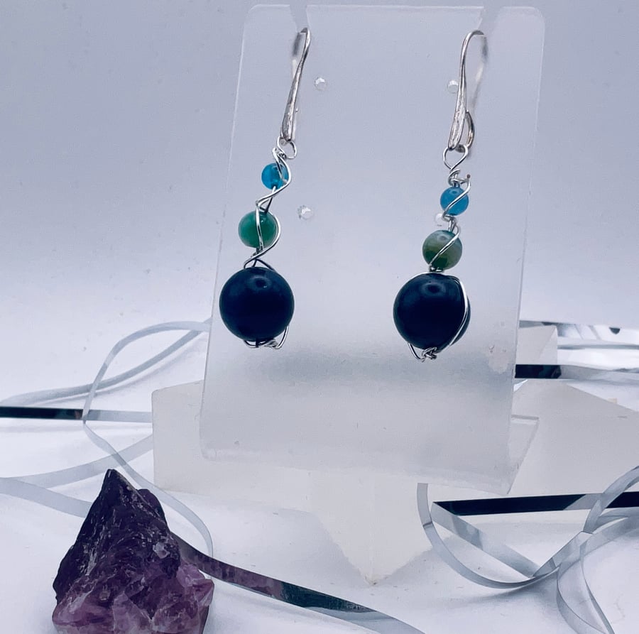 Triple shades of blue drop gemstone earrings