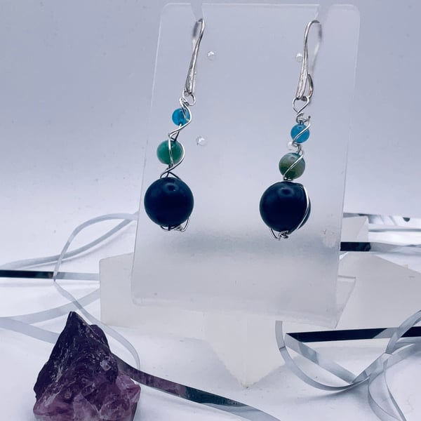 Triple shades of blue drop gemstone earrings