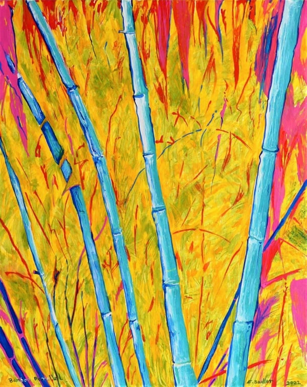 Framed Bamboo Oil Painting Colourful Maximalist Art