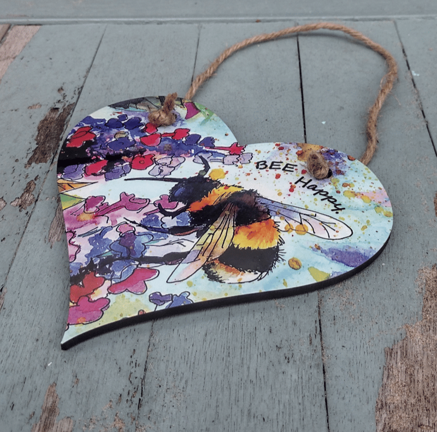 Bumblebee watercolour hanging plaque, bee happy