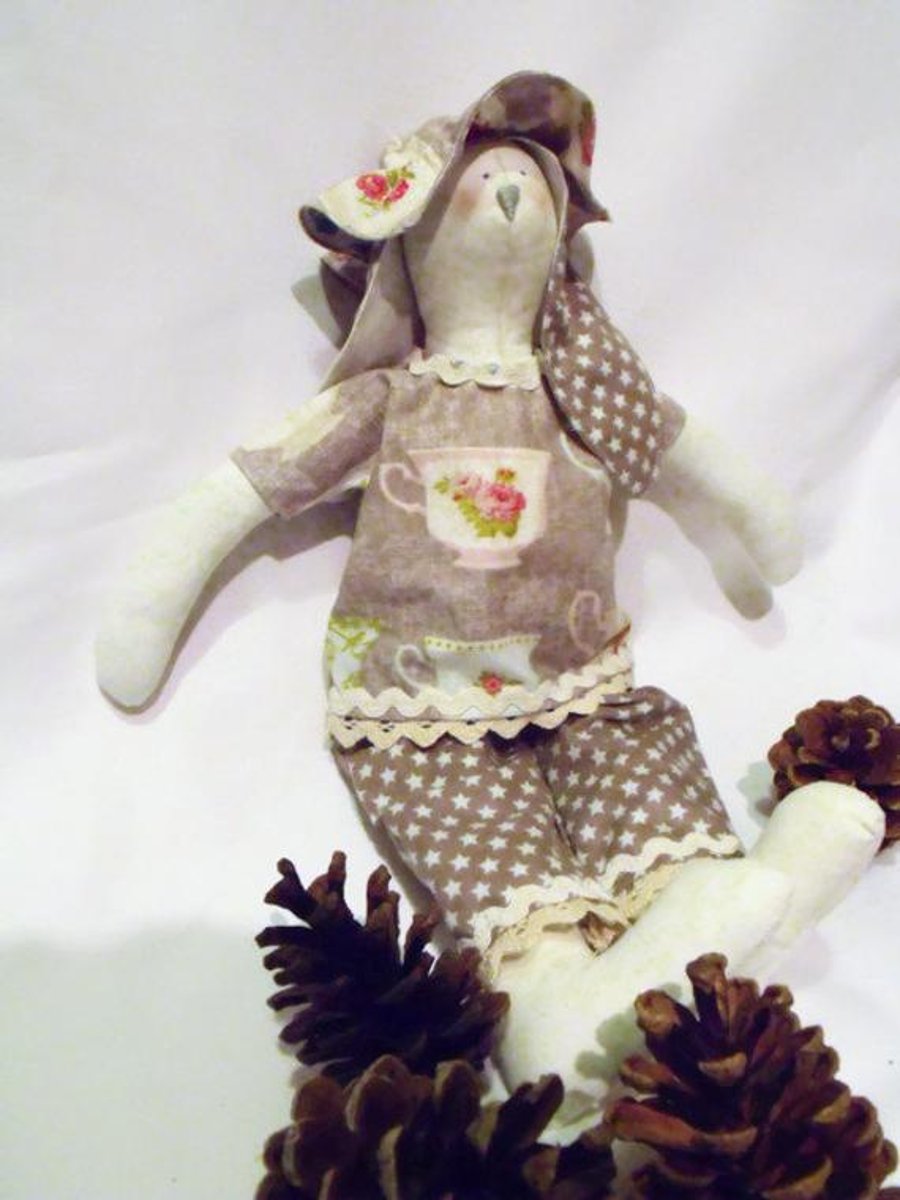 Tilda style cream bunny rabbit doll for display, tea cup fabric outfit