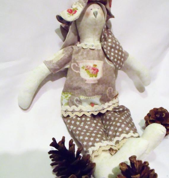 Tilda style cream bunny rabbit doll for display, tea cup fabric outfit