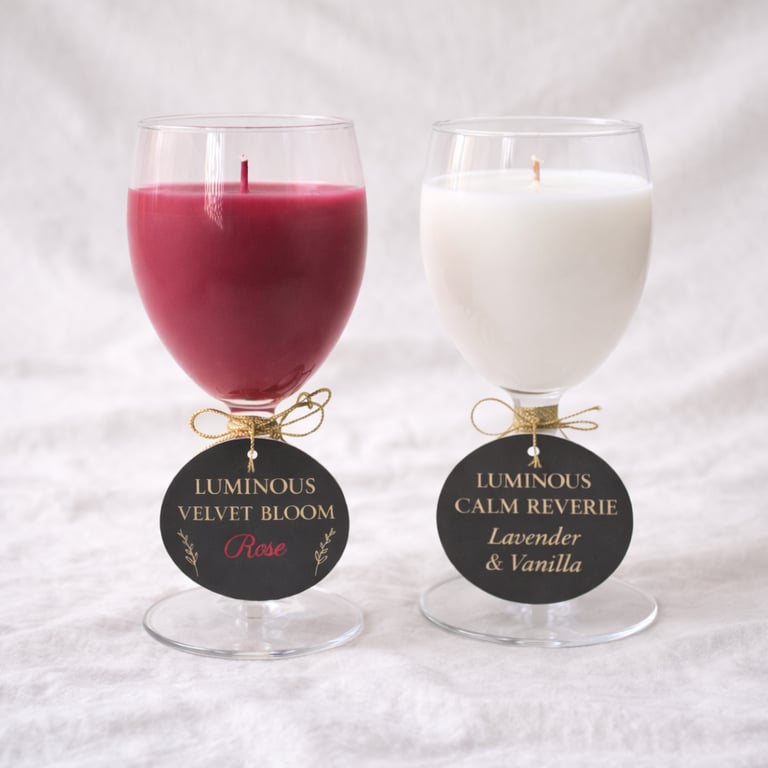 Hand-Poured Soy Candle Set – Lavender & Vanilla with Rose in Wine Glasses LUMI