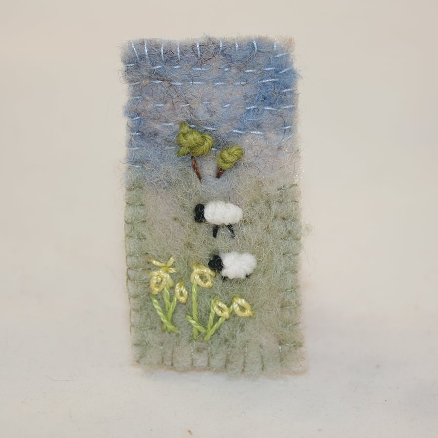 Daffodils and Sheep - Embroidered and felted brooch
