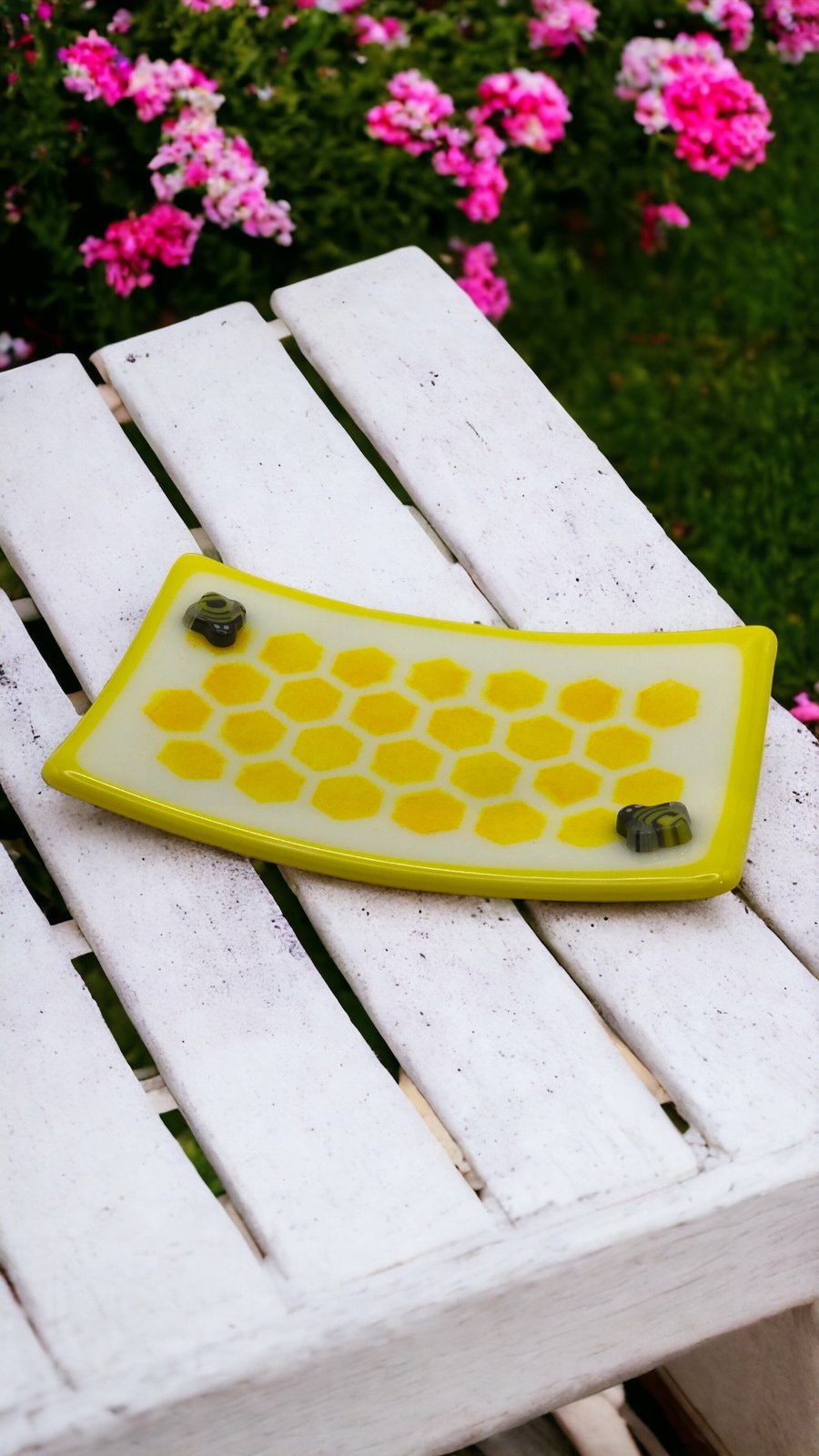 Honeycomb and bee fused glass trinket dish - rectangular