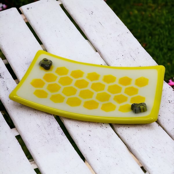 Honeycomb and bee fused glass trinket dish - rectangular