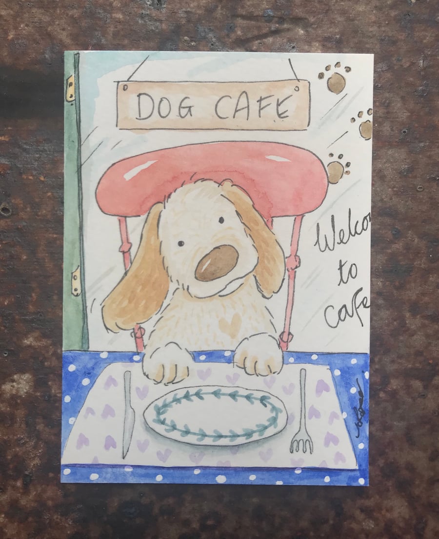 Original Painting Dog puppy pooch pet cafes heart ACEO Jo Roper