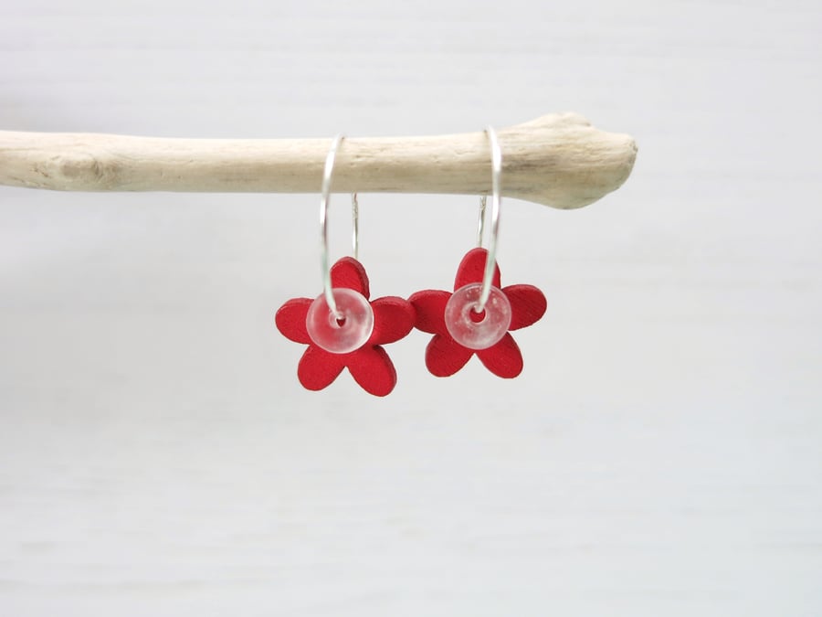 Wooden Flower Buttons on 18mm Sterling Silver Hoops - Red