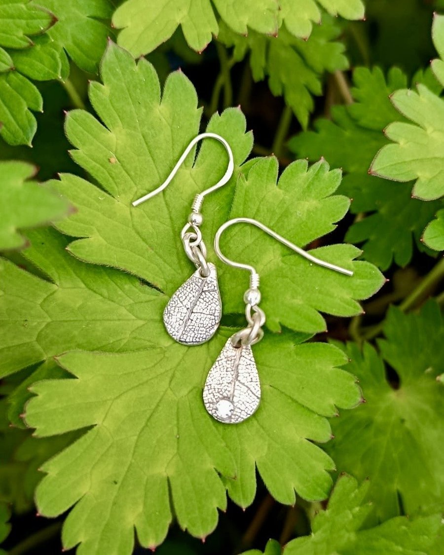 Handmade Fine Silver Leaf Textured Cubit Zirconia Drop Earrings