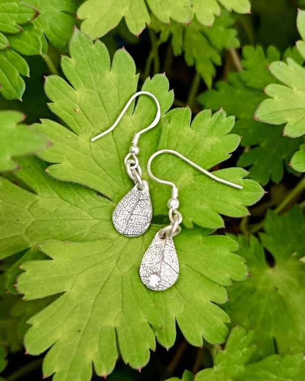 Handmade Fine Silver Leaf Textured Cubit Zirconia Drop Earrings