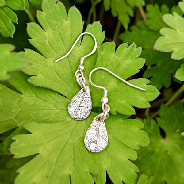 Handmade Fine Silver Leaf Textured Cubit Zirconia Drop Earrings