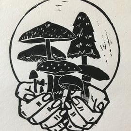 Solstice, mushroom and full moon linocut print on handmade paper.