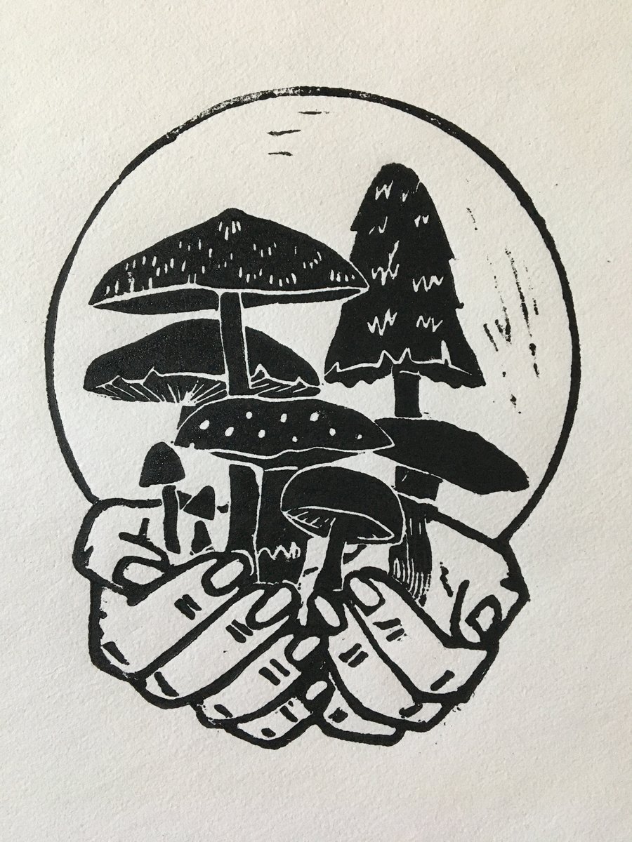 Solstice, mushroom and full moon linocut print on handmade paper.