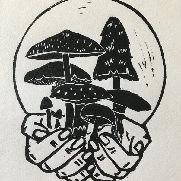 Solstice, mushroom and full moon linocut print on handmade paper.