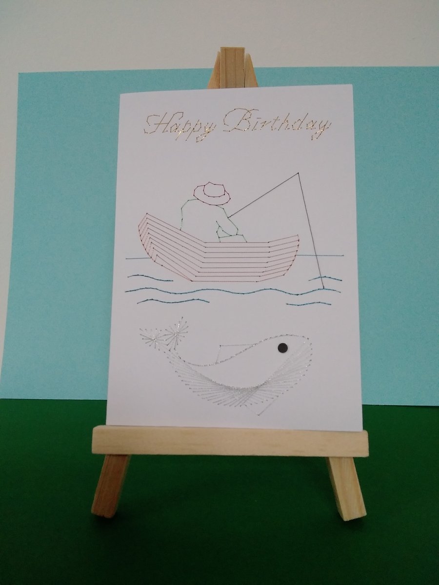Fisherman Hand Embroidered Birthday Card.