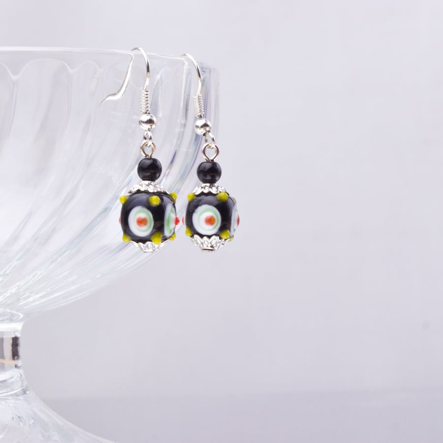  Black spotty lampwork cube bead earrings - Square spot dot dangle earrings