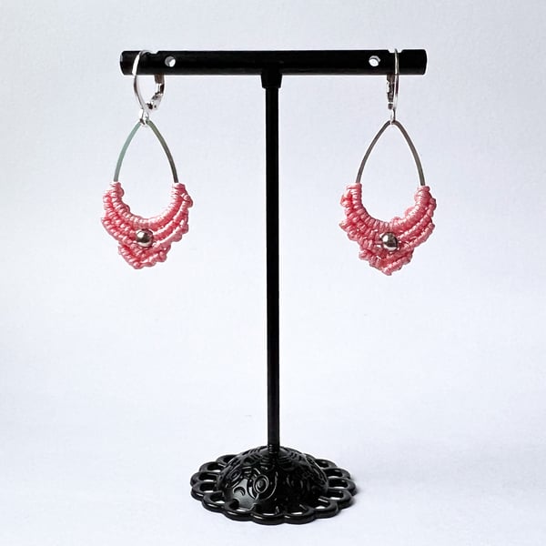 Earrings Macrame Tear Shaped - Pastel Pink & Silver FREE UK P&P