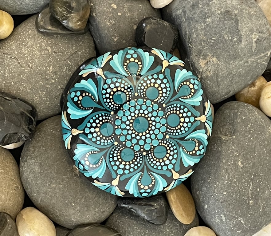 Green & Turquoise Mandala Acrylic Painted Rock Art Stone Hand Painted Unique