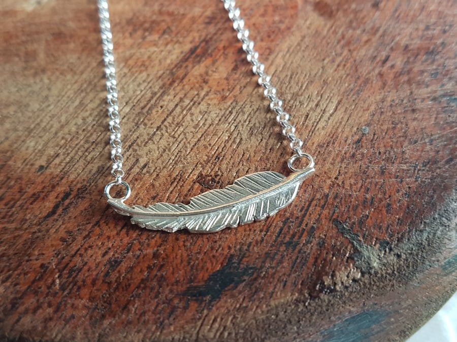 Sterling silver bar necklace in a feather design, made to order choose chain.