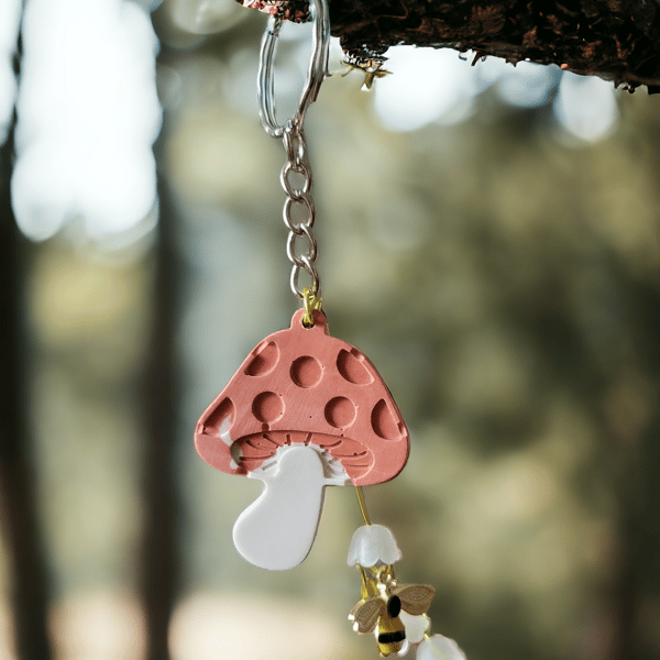 Forest mushroom, bee and lily of the valley keyring 