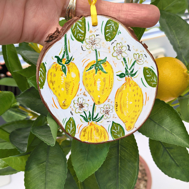 Lemon hand-painted log slice decoration