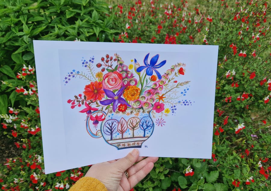 Flowers in the tree jug,  print from original artwork. A3, A4, A5 available. 