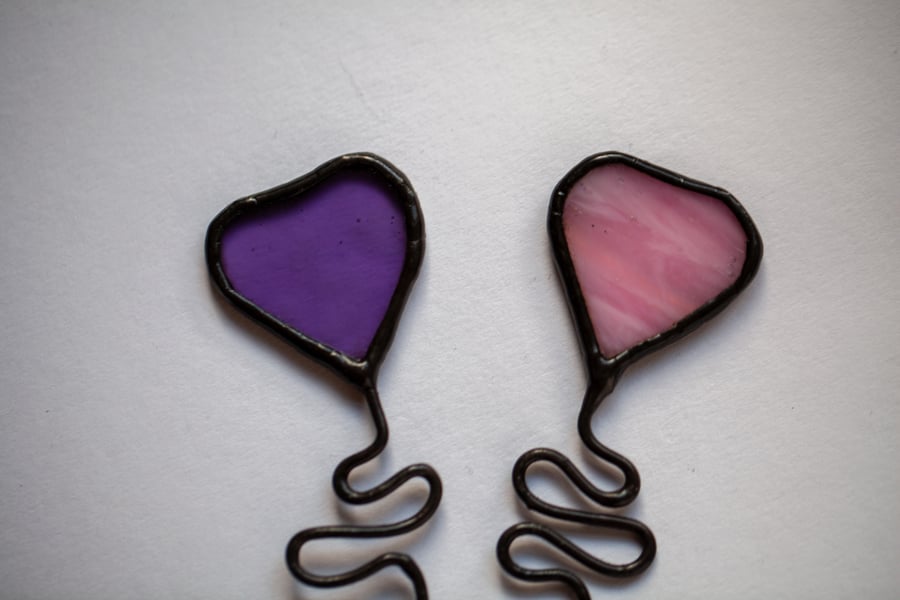 Stained glass pink or purple heart pot plant stake, sun catcher, vase decor