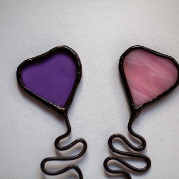 Stained glass pink or purple heart pot plant stake, sun catcher, vase decor