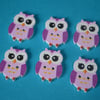 Wooden Owl Buttons Purple Pink Cute Bird 6pk 23x18mm (O3)