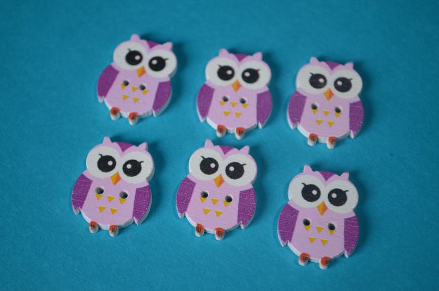 Wooden Owl Buttons Purple Pink Cute Bird 6pk 23x18mm (O3)