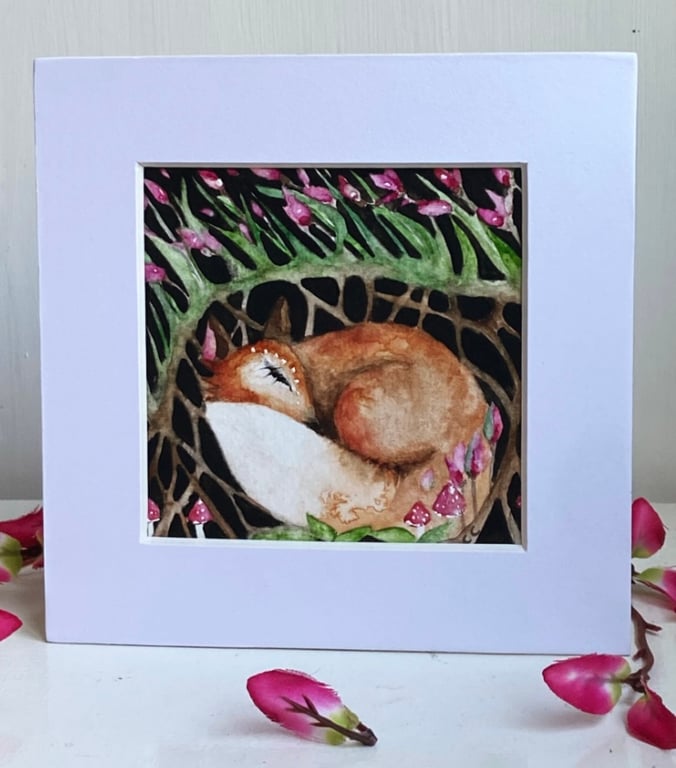 Mounted Original Resting Fox with Pink Flowers Watercolour 