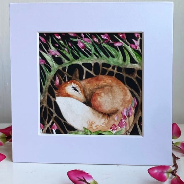 Mounted Original Resting Fox with Pink Flowers Watercolour 