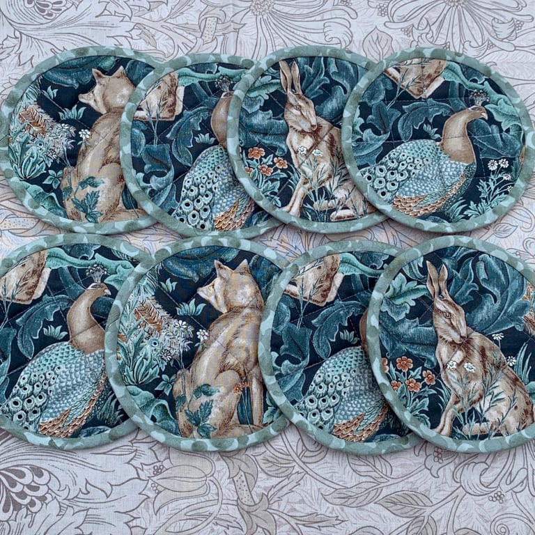 Set of 8 Peacock, Hare & Fox Quilted Fabric Coasters.  William Morris:  Set 2