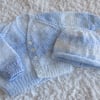 REDUCED 16" Baby Boys Blue Mix V Neck Cardigan and Beanie Set