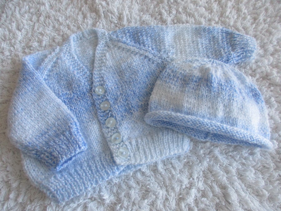 REDUCED 16" Baby Boys Blue Mix V Neck Cardigan and Beanie Set