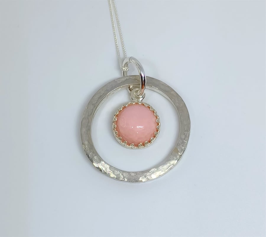 Sterling Silver Hammered Chunky Open Ring with Pink Opal Gemstone Pendant