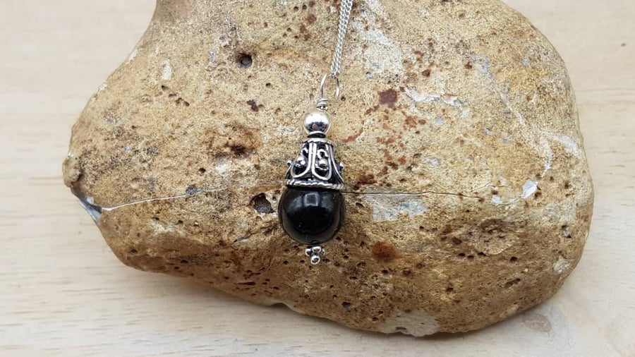 Small Black Jet pendant necklace. Reiki jewellery