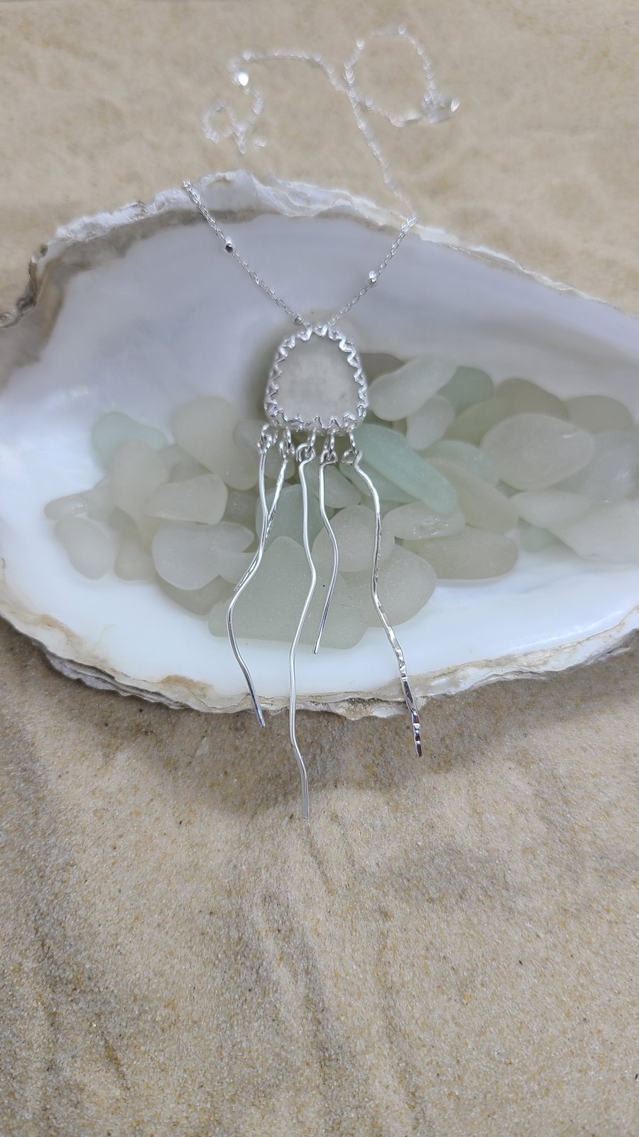 Light grey sea glass and silver jellyfish pendant P1