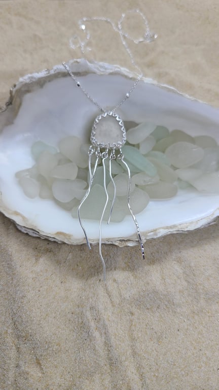 Light grey sea glass and silver jellyfish pendant P1
