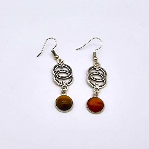 Red Carnelian And Brown Tiger's Eye Dangle Earrings