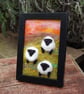 Colourful sheep wool painting.  Needlefelt picture of three sheep and flowers