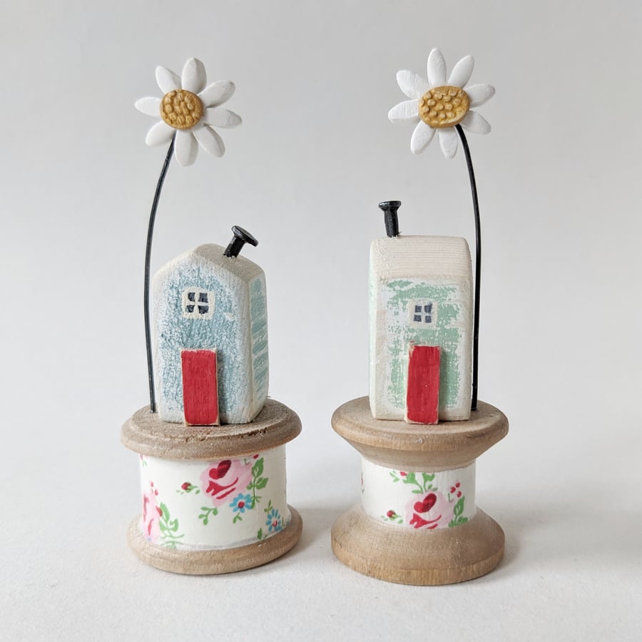 Wooden House on a Vintage Floral Bobbin with Clay Daisy