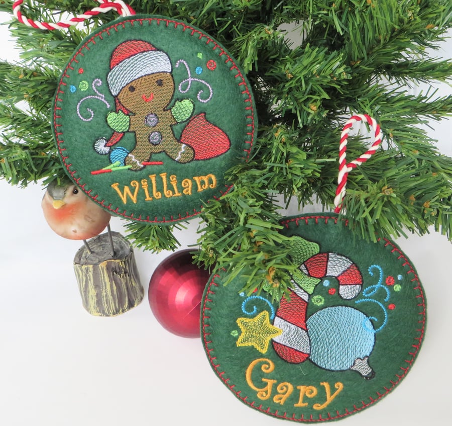 Personalised Christmas Decoration, Felt Embroidered Tree Ornament,
