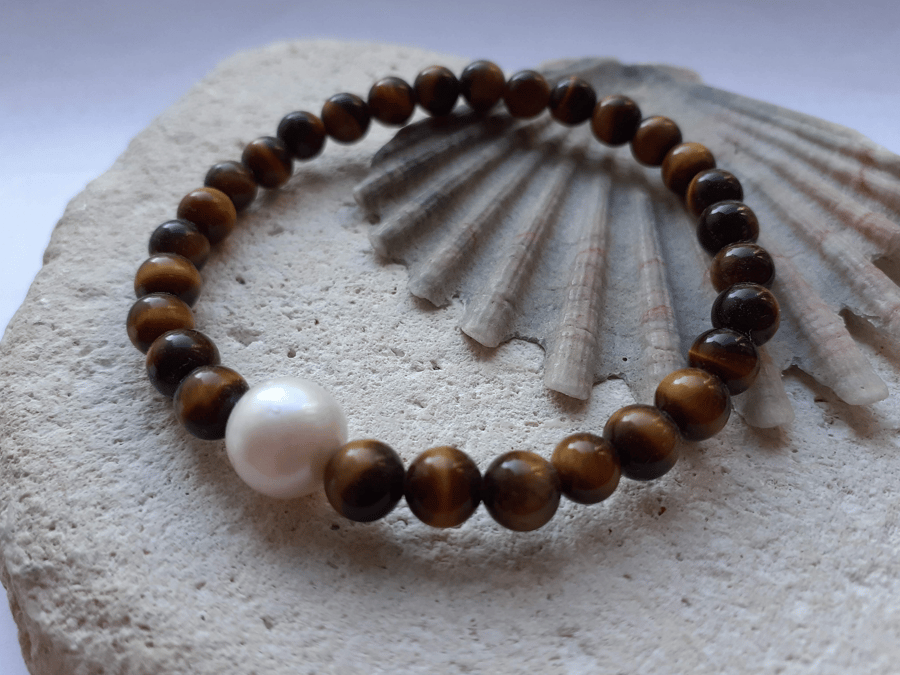 Tigers Eye Semi Precious Elastic Bracelet with Freshwater Pearl Accent