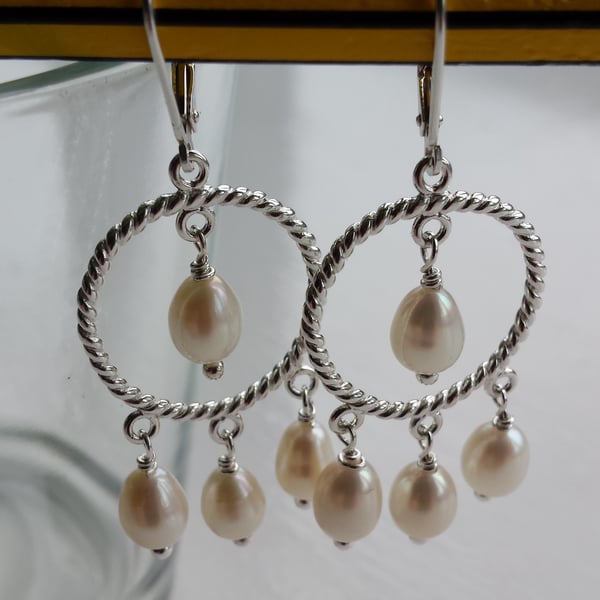 Ivory Cultured Pearl and Sterling Silver Chandlier Earrings